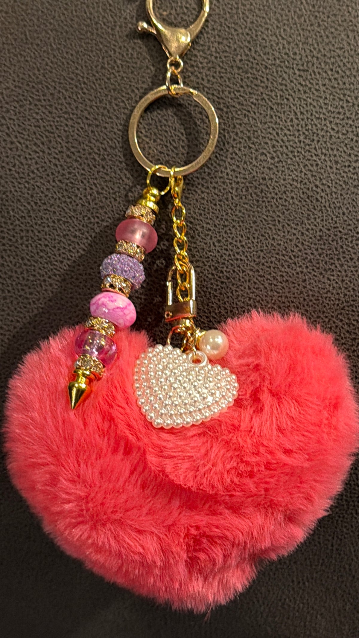 Hot Pink Heart Pom-Pom Glam Keychain/Bag Charm