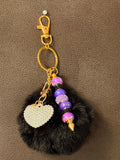Midnight Black Pom-Pom & Purple Bead Keychain