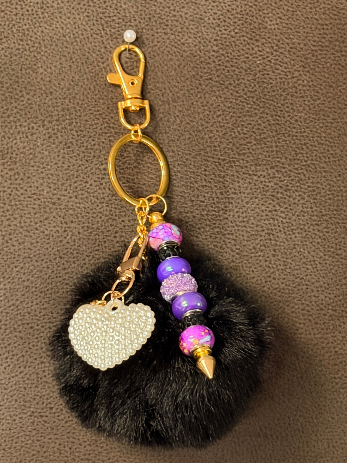 Midnight Black Pom-Pom & Purple Bead Keychain
