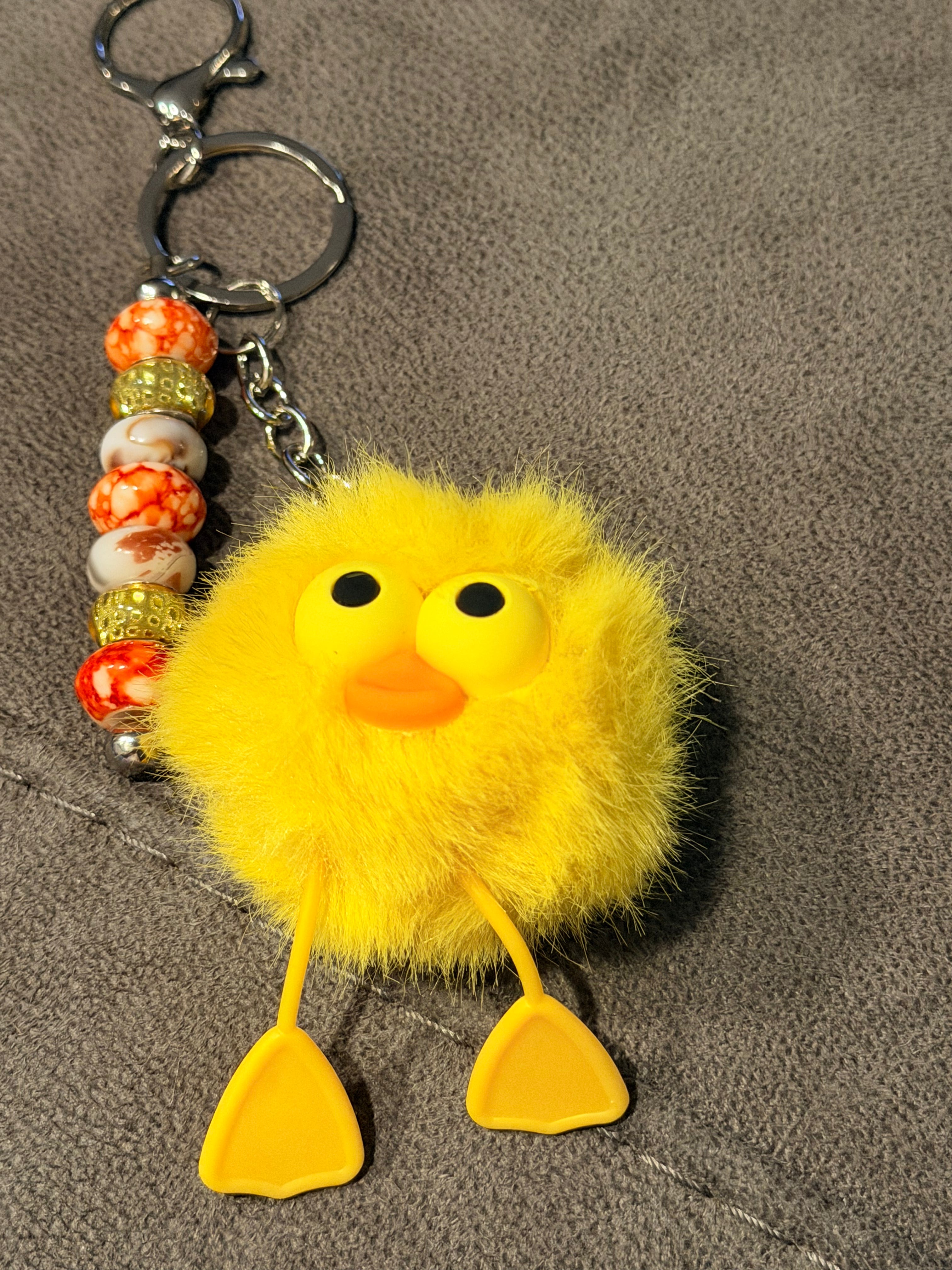 Bright Yellow Duckling Plush Puffball Keychain | Cute Bird Charm