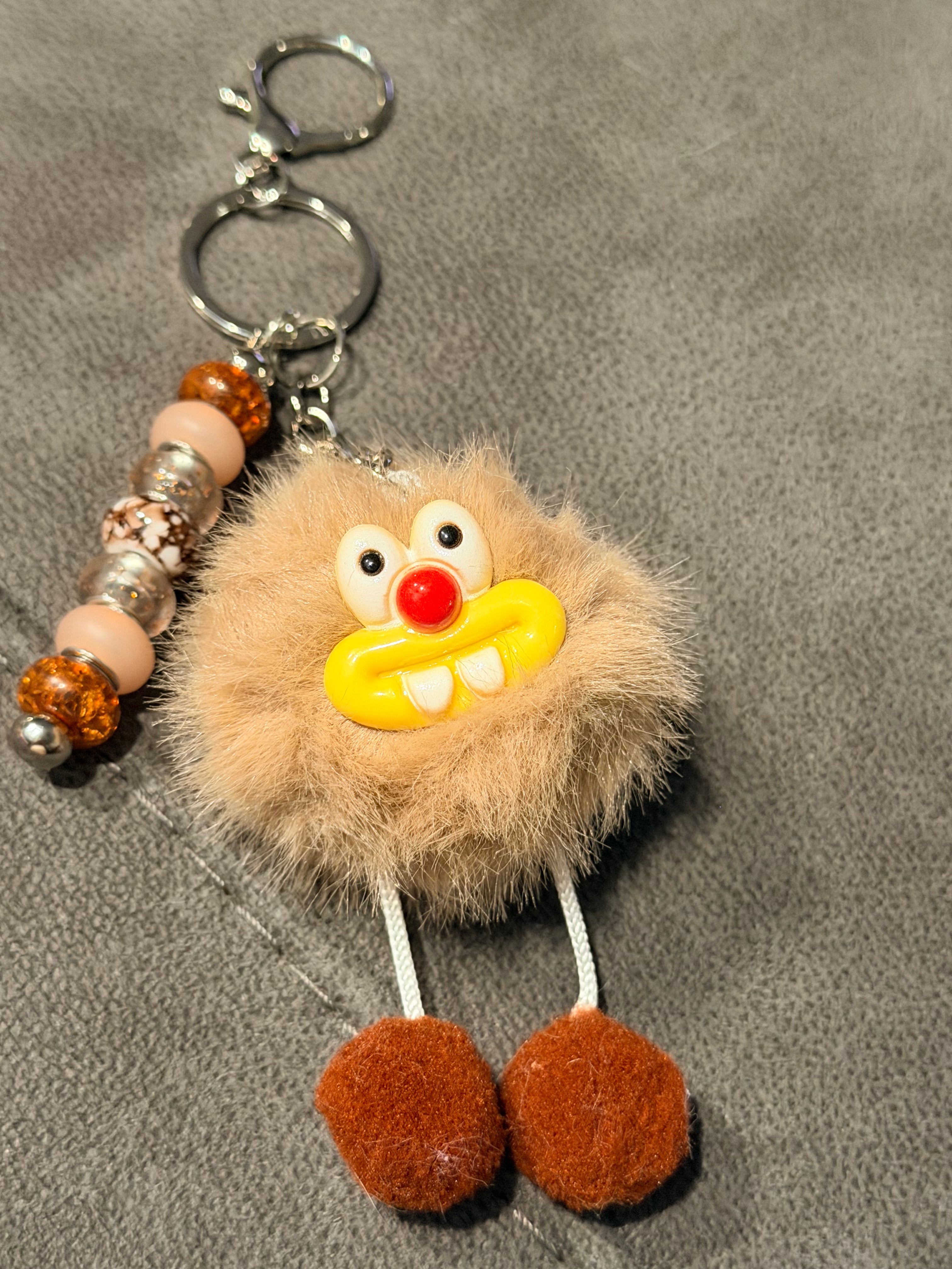Funny Brown Goofy Monster Pom-Pom Keychain | Keyring