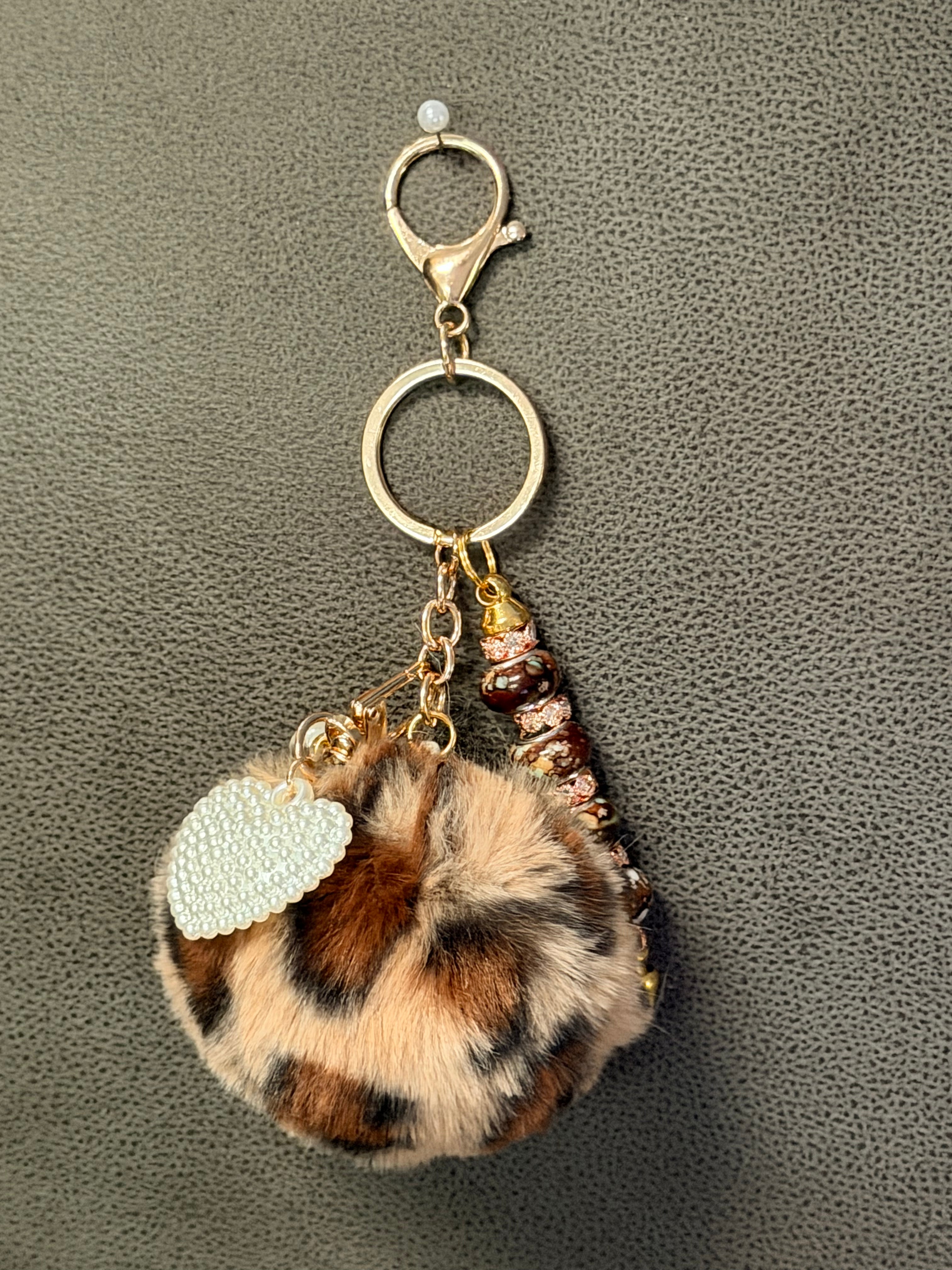 Leopard Print Pom-Pom Keychain with Pearl Heart Charm
